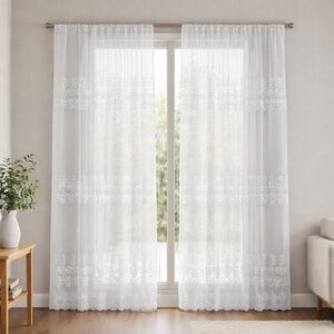 White Double Layer Sheer Curtain with Embroidered Flowers, 55”x80”, Polyester